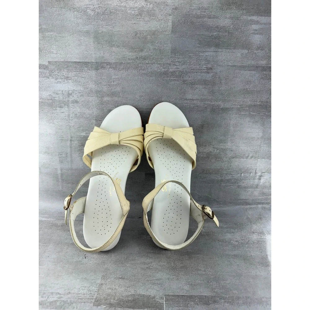 SAS Tripad Comfort Women Sz 6.5 M Cream Leather Wedge Sandals USA Bow Detail